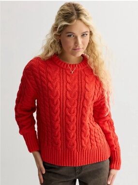 Cabin Cozy Bright Red  Chunky Chenille Cable Knit Crewneck Sweater